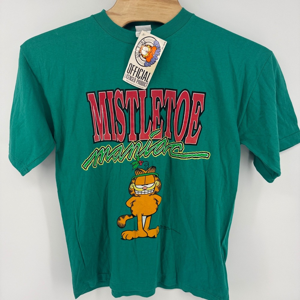 Vintage Garfield Mistletoe Maniac Christmas T-Shirt Green Mens Large NWT‎